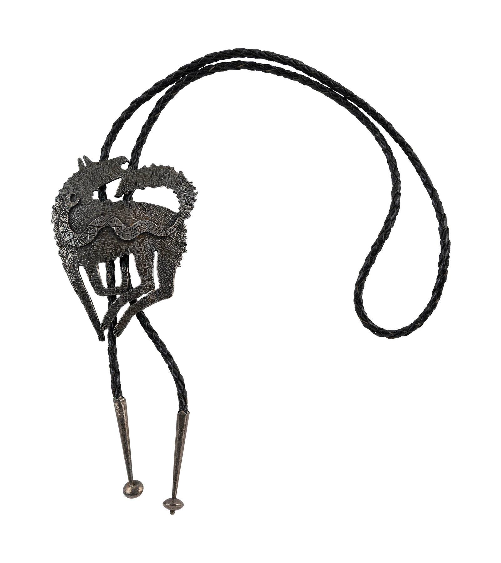 APACHE STERLING SILVER BOLO TIE WITH HORSE AND SNAKE BY BOB HAOZOUS Circa 1988 Approx. 89.3 grams. (1 of 1)