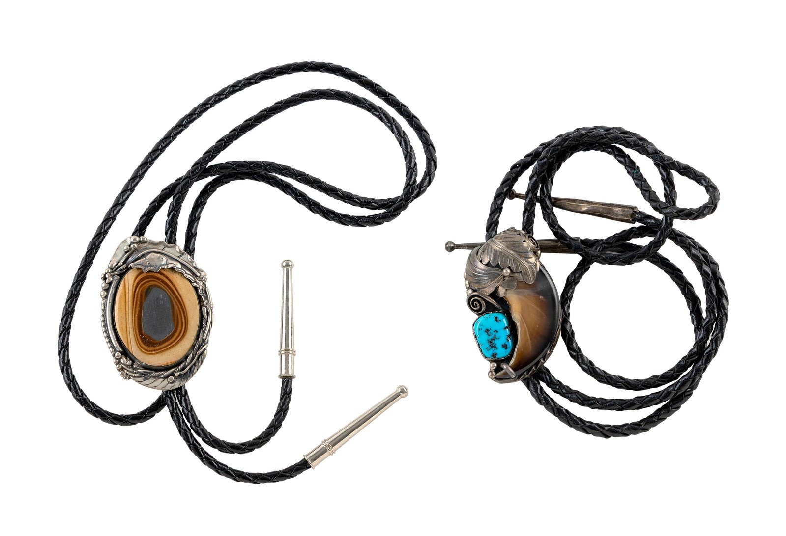TWO NATIVE AMERICAN SILVER BOLO TIES Mid- to Late 20th Century (1 of 1)