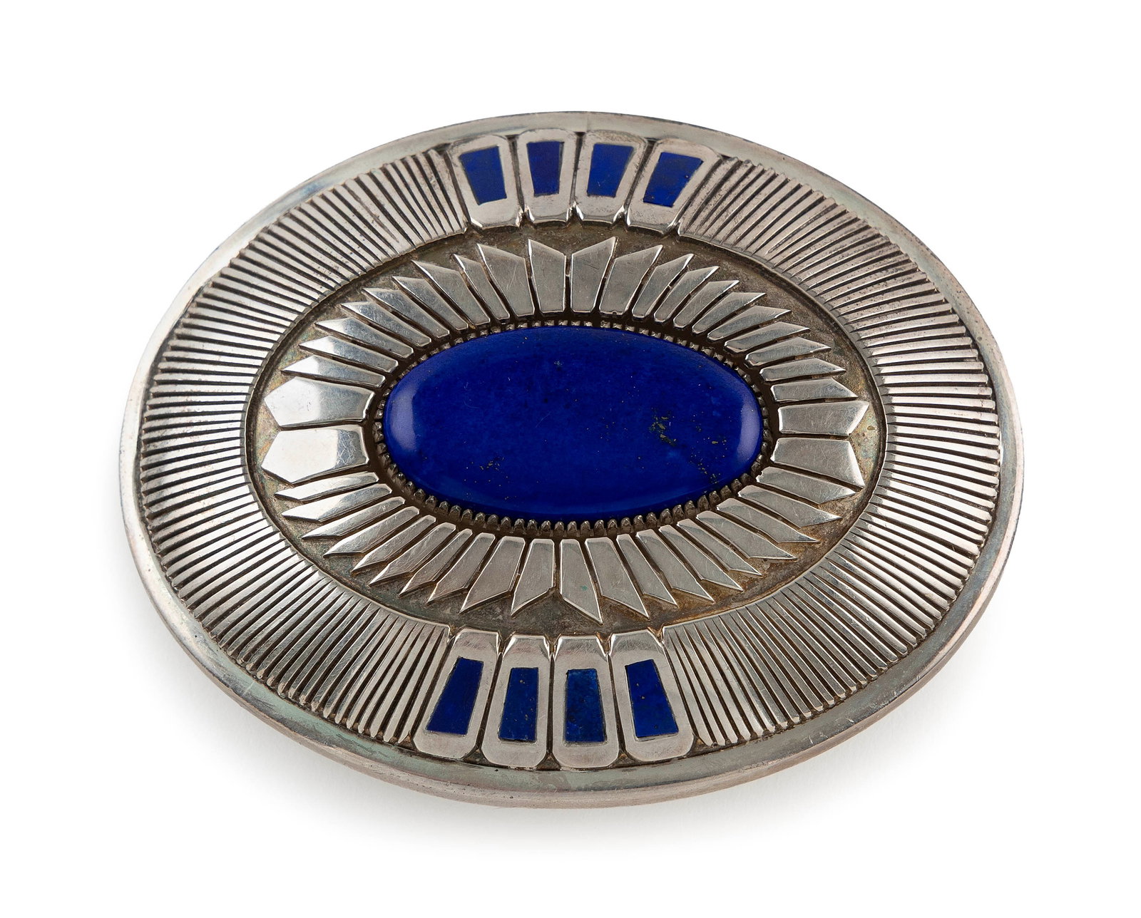 NATIVE AMERICAN SILVER AND LAPIS LAZULI BUCKLE BY GIBSON NEZ Mid- to Late 20th Century Approx. 122.1 (1 of 2)