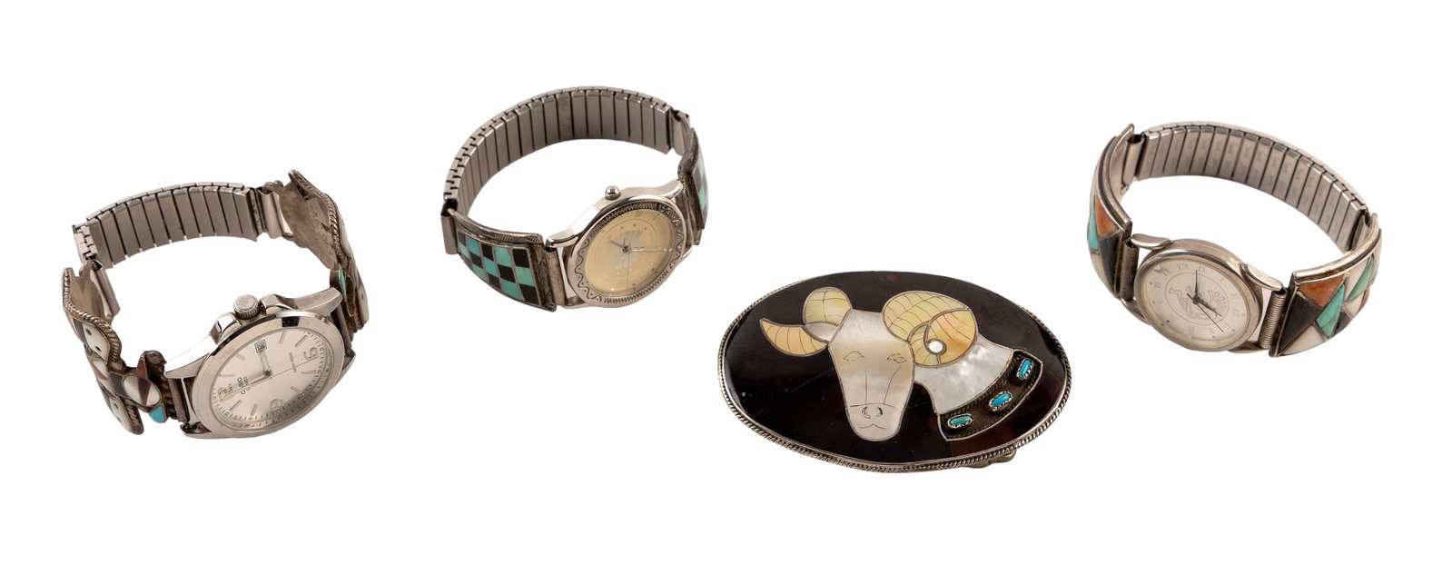 FOUR PIECES OF NATIVE AMERICAN JEWELRY Late 20th Century: FOUR PIECES OF NATIVE AMERICAN JEWELRY Late 20th Century 1-3) Three watches all with Zuni stone-inlaid bands. Bird example marked "B & C Shack, Zuni"; missing one stone. 4) Oval sterling silver buckle