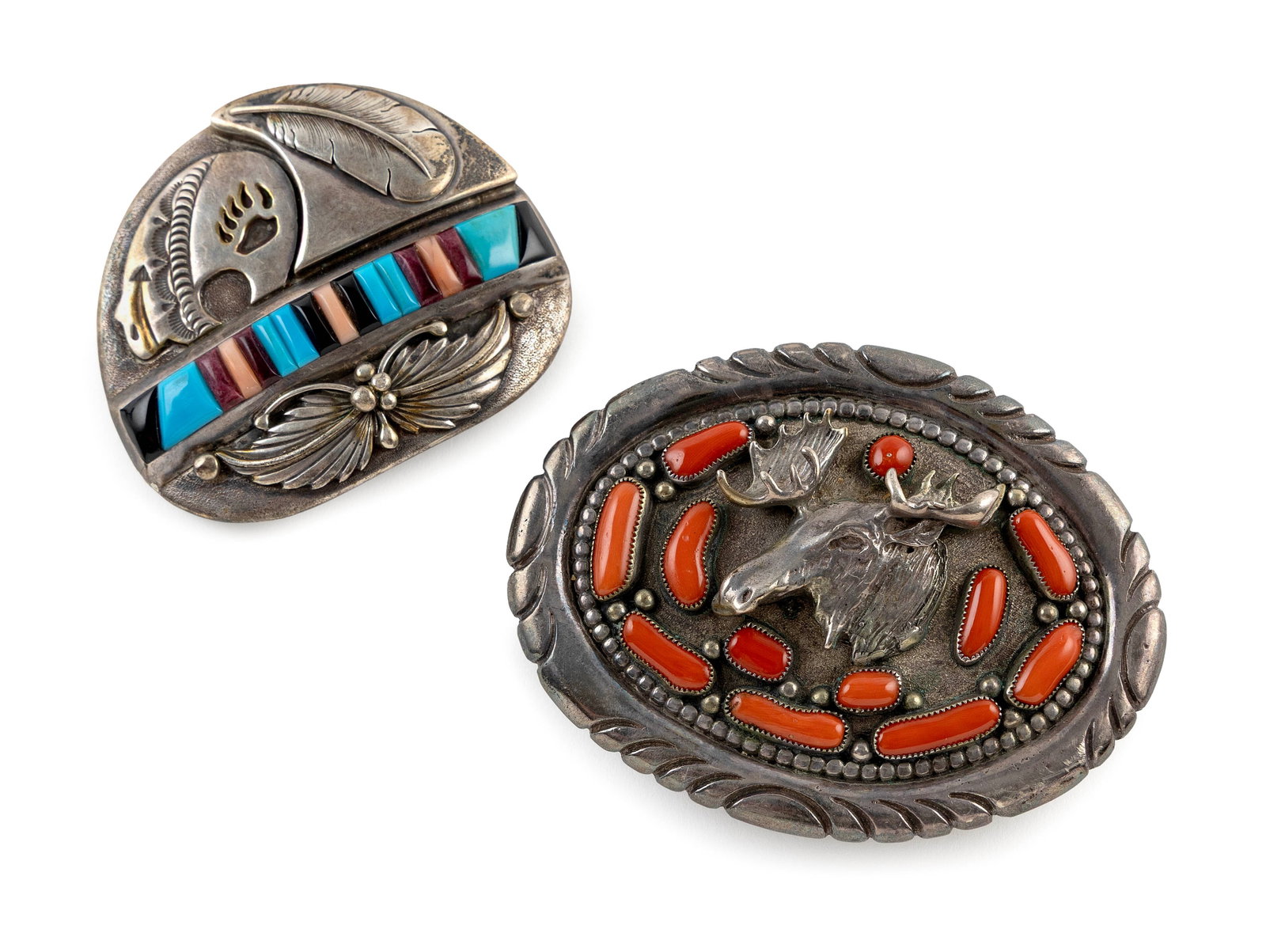 TWO NATIVE AMERICAN SILVER BELT BUCKLES Mid- to Late 20th Century (1 of 2)