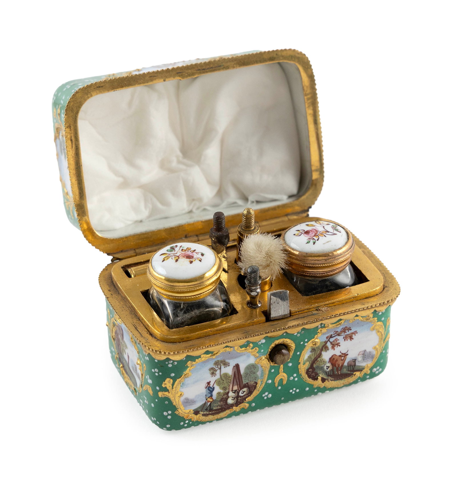 RARE MINIATURE BATTERSEA ENAMEL WRITING BOX England, 18th Century Height 2". Width 2.75". Depth (1 of 4)