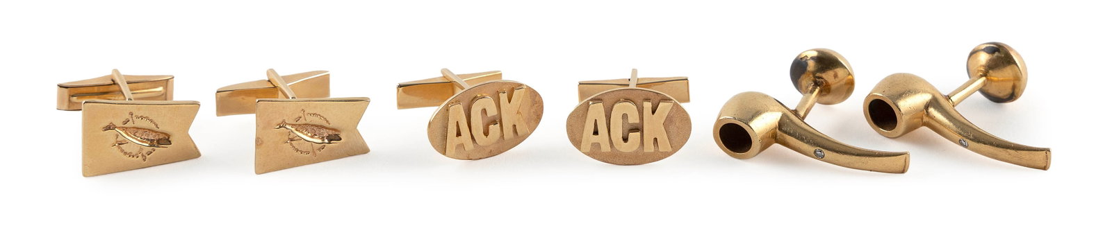 THREE PAIRS OF 14KT YELLOW GOLD CUFF LINKS Approx. 25.9 total dwt.: THREE PAIRS OF 14KT YELLOW GOLD CUFF LINKS 1) Whale flag with engraved whaled design. Toggle backs. Approx. 12.0 x 18.0mm. 2) Oval with the initials "ACK". Toggle backs. Approx. 12.0 x 19.0mm. 3) Appl