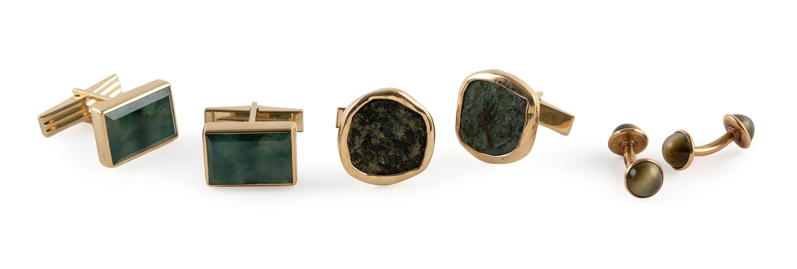 THREE PAIRS OF 14KT YELLOW GOLD CUFF LINKS Approx. 18.3 total dwt.: THREE PAIRS OF 14KT YELLOW GOLD CUFF LINKS 1) Ancient bronze coins. Toggle backs. Approx. 18.0 x 18.0mm. 2) Dark green stones. Toggle backs. Approx. 12.0 x 18.0mm. 3) Barbell design with chrysoberyl c