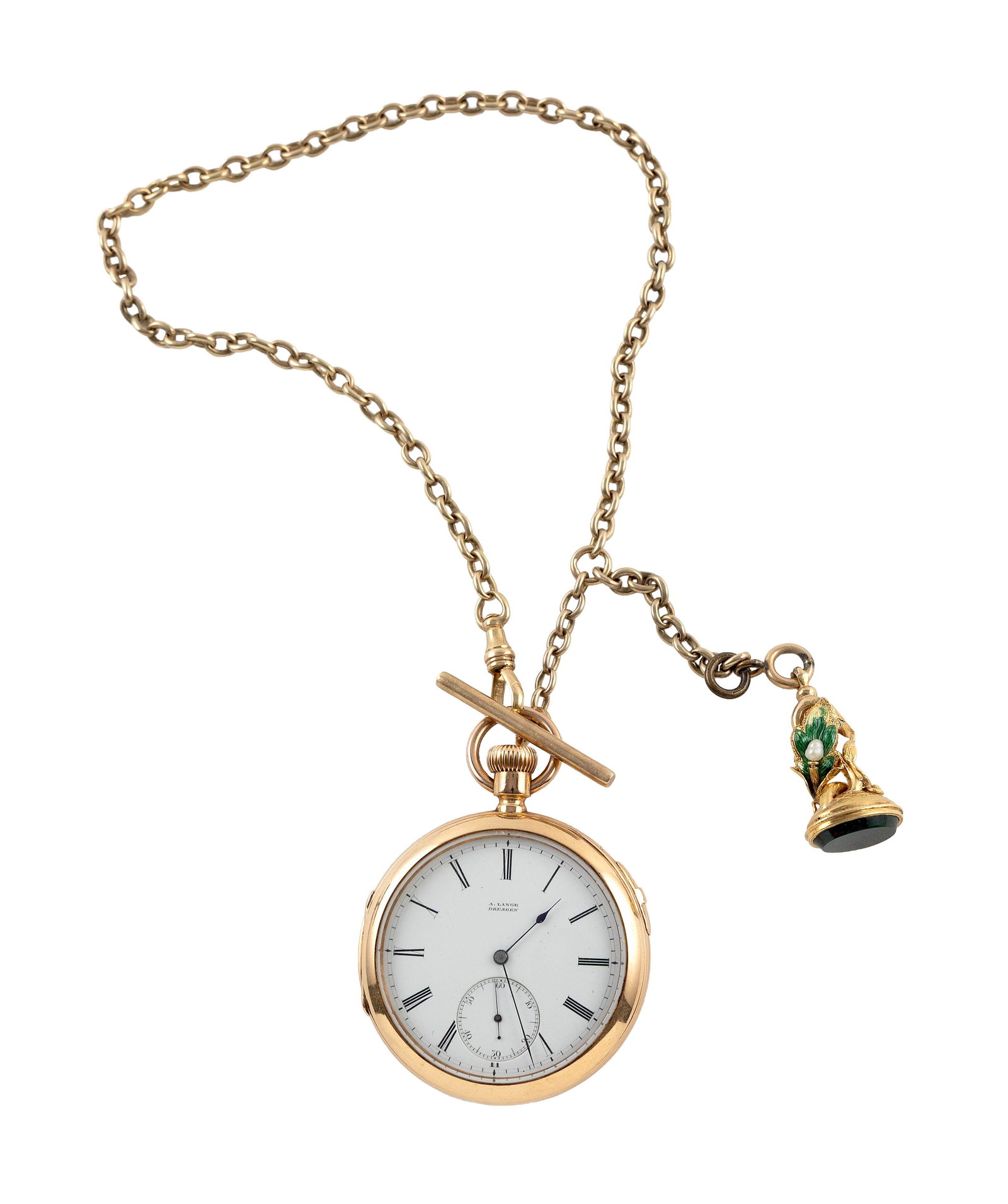 HIGHLY COLLECTIBLE ADOLPH LANGE 18KT YELLOW GOLD POCKET WATCH WITH 14KT YELLOW GOLD CHAIN AND FOB: HIGHLY COLLECTIBLE ADOLPH LANGE 18KT YELLOW GOLD POCKET WATCH WITH 14KT YELLOW GOLD CHAIN AND FOB Dresden, Germany, Mid-19th Century Case stamped "CWS 18 7644". Movement engraved "Adolph Lange Dresden