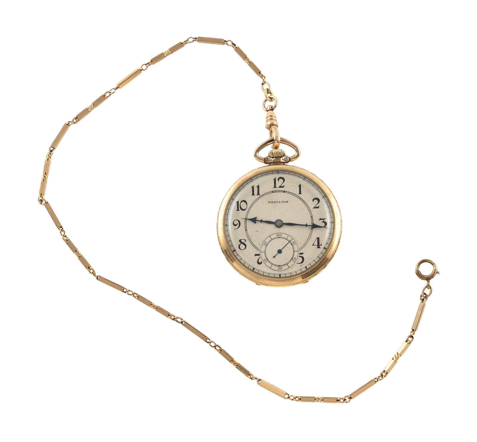 HAMILTON 10KT YELLOW GOLD FILLED POCKET WATCH Approx. 38.1 total dwt.: HAMILTON 10KT YELLOW GOLD FILLED POCKET WATCH Cream dial with Arabic numbers and subsidiary second hand. 1/20 12kt gold filled link chain. Stamped. Case diameter approx. 44.0mm. Chain width approx. 13