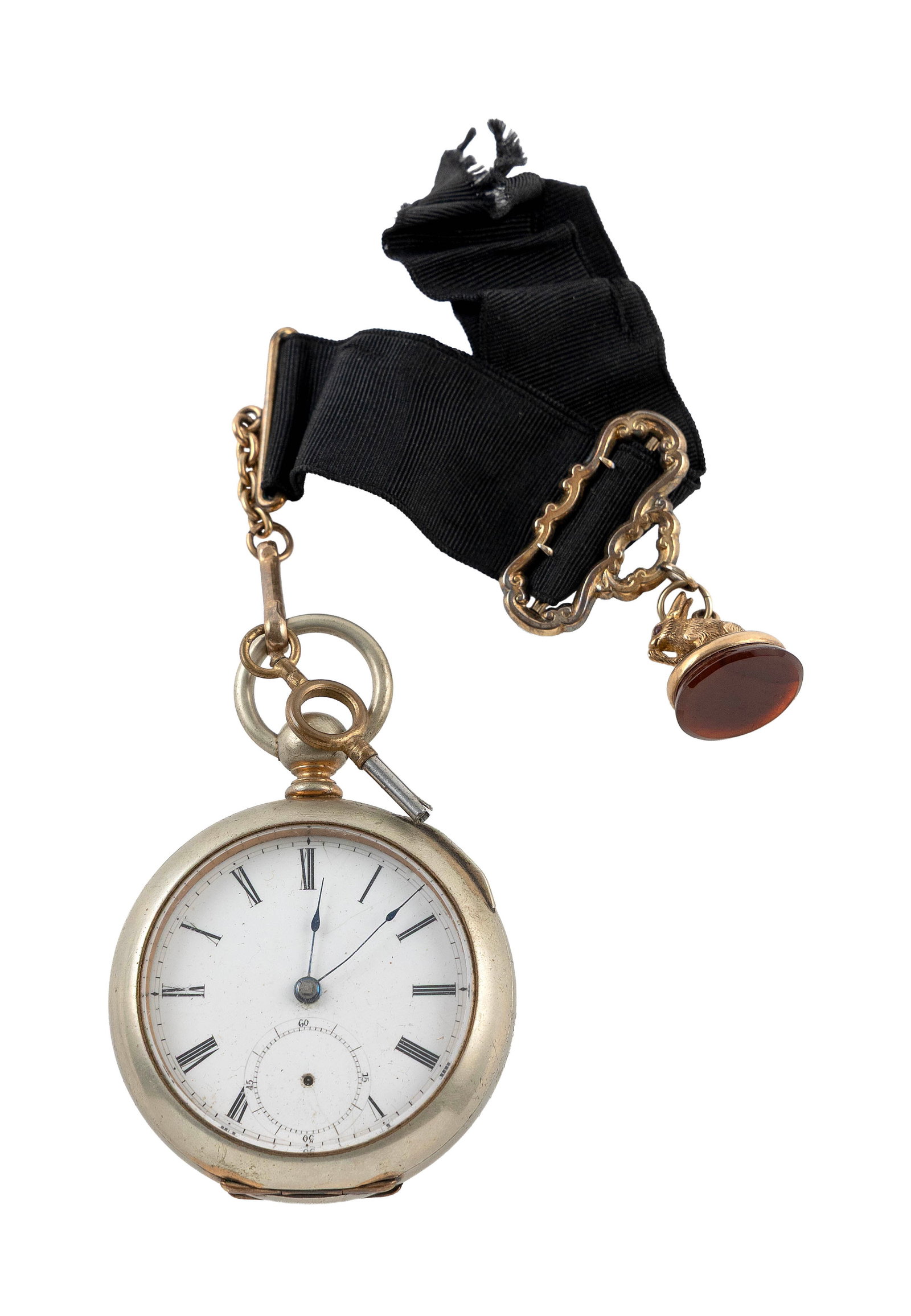 SILVEROID POCKET WATCH WITH FOB: SILVEROID POCKET WATCH WITH FOB White dial with black hands and black Roman numerals. Subsidiary second dial with missing second hand. Key wind movement. No maker's mark. Stamped. Ribbon style fob wit