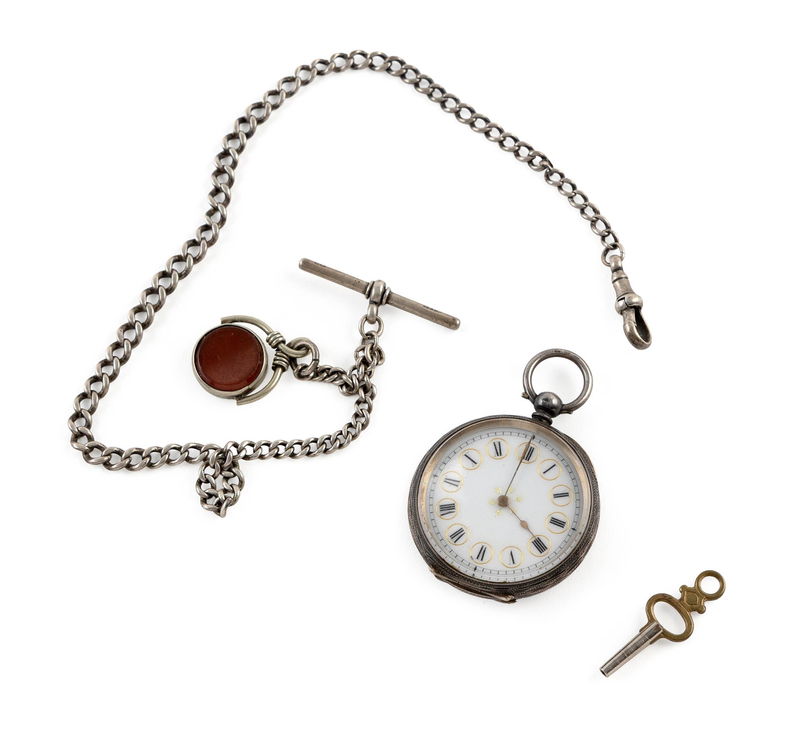 VINTAGE ENGLISH STERLING SILVER POCKET WATCH WITH FOB Approx. 49.4 total dwt. (1 of 2)