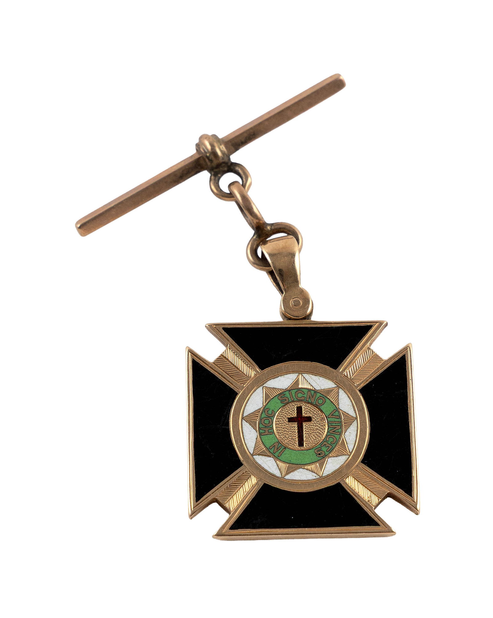 VINTAGE 14KT YELLOW KNIGHTS TEMPLAR "IN HOC SIGNO VINCES" MASONIC CROSS FOB Approx. 13.3 total dwt.: VINTAGE 14KT YELLOW KNIGHTS TEMPLAR "IN HOC SIGNO VINCES" MASONIC CROSS FOB Black, green and white enameling. Approx. 28.0 x 28.0mm. Approx. 13.3 total dwt.