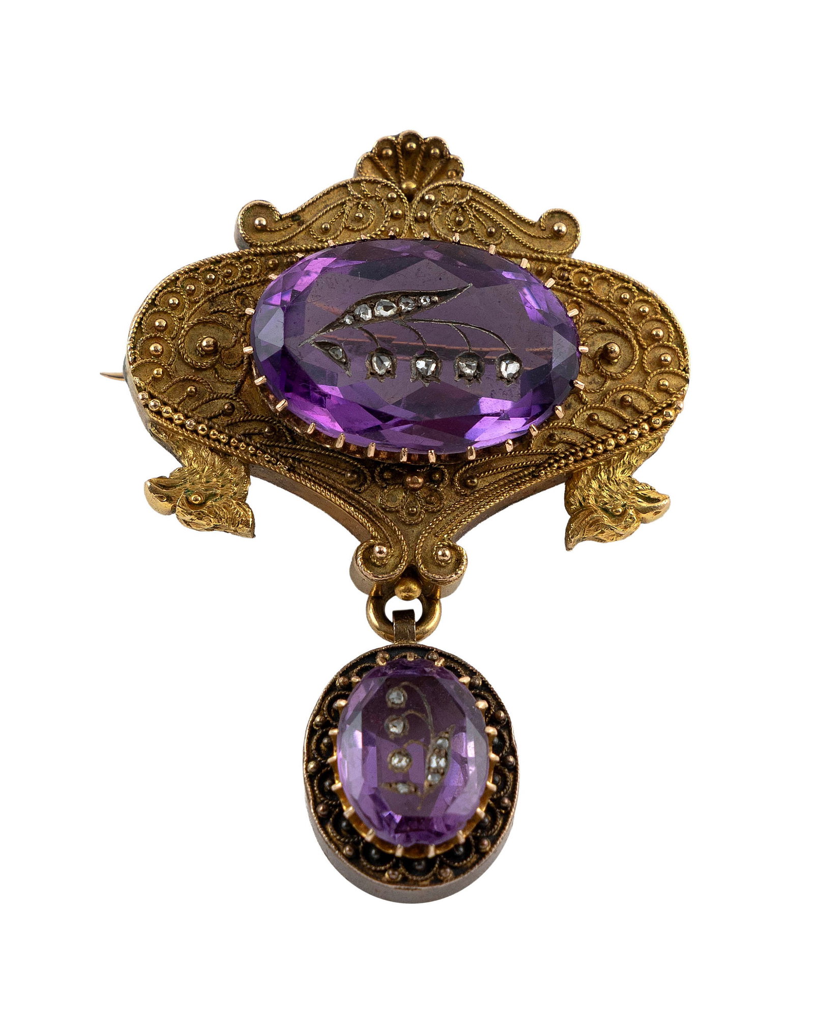 VINTAGE 18KT YELLOW GOLD, AMETHYST AND DIAMOND BROOCH Approx. 10.1 total dwt.