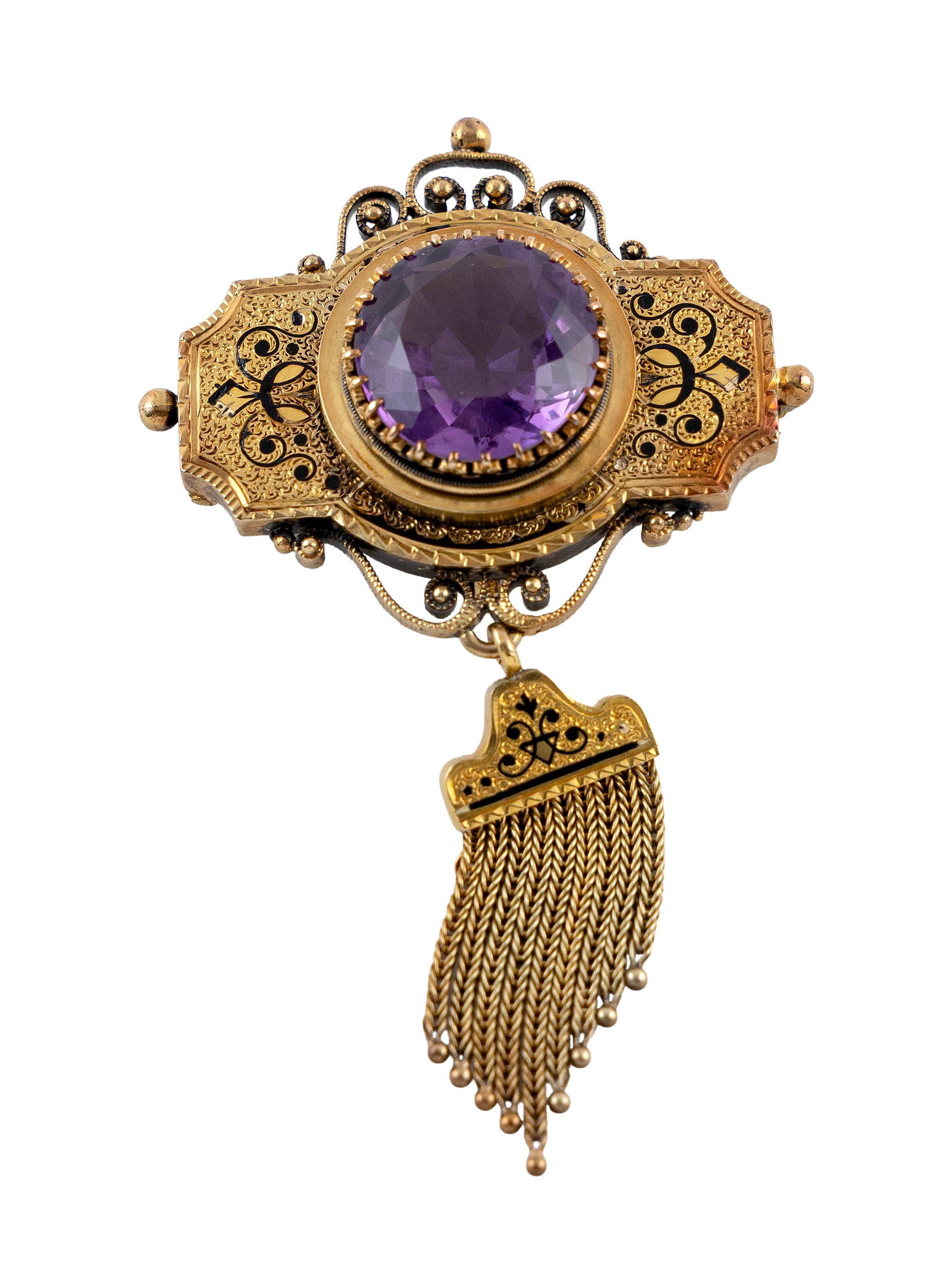 VINTAGE VICTORIAN-STYLE 14KT YELLOW GOLD AMETHYST PIN Approx. 7.8 total dwt.: VINTAGE VICTORIAN-STYLE 14KT YELLOW GOLD AMETHYST PIN Ornate design with one approx. 15.0mm round faceted amethyst and black enamel highlights. Drop graduated tassel approx. 13.0 x 35.0mm. Approx. 36.