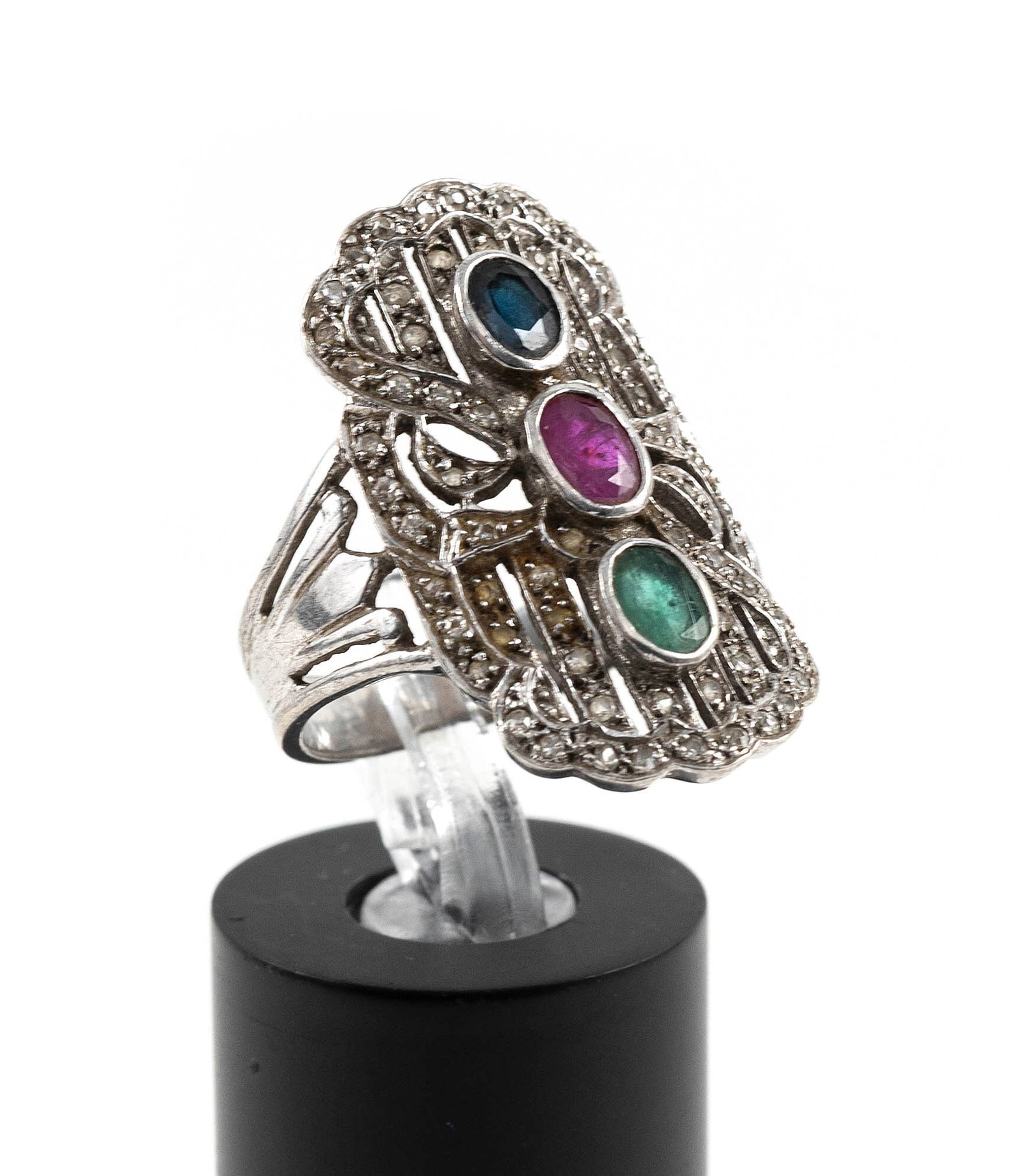 VINTAGE STERLING SILVER, EMERALD, RUBY, SAPPHIRE AND DIAMOND RING Approx. 2.8 total dwt.: VINTAGE STERLING SILVER, EMERALD, RUBY, SAPPHIRE AND DIAMOND RING One approx. 4.0 x 5.0mm bezel-set emerald, one approx. 4.0 x 5.0mm bezel-set ruby, one approx. 4.0 x 5.0mm bezel-set sapphire and appr