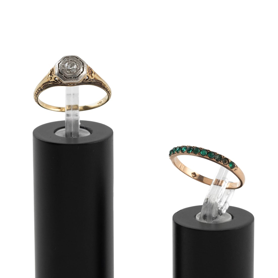 TWO VINTAGE 14KT GOLD RINGS Approx. 2.0 total dwt.: TWO VINTAGE 14KT GOLD RINGS 1) White and yellow gold and diamond solitaire ring with one approx. 0.10 ct. old mine-cut diamond. White gold crown, approx. 7.0 x 7.0mm. Yellow gold shank. 2) Yellow gold