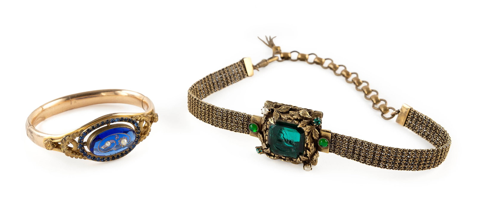 VINTAGE CHOKER AND BANGLE BRACELET WITH GLASS MEDALLIONS 20th Century (1 of 1)