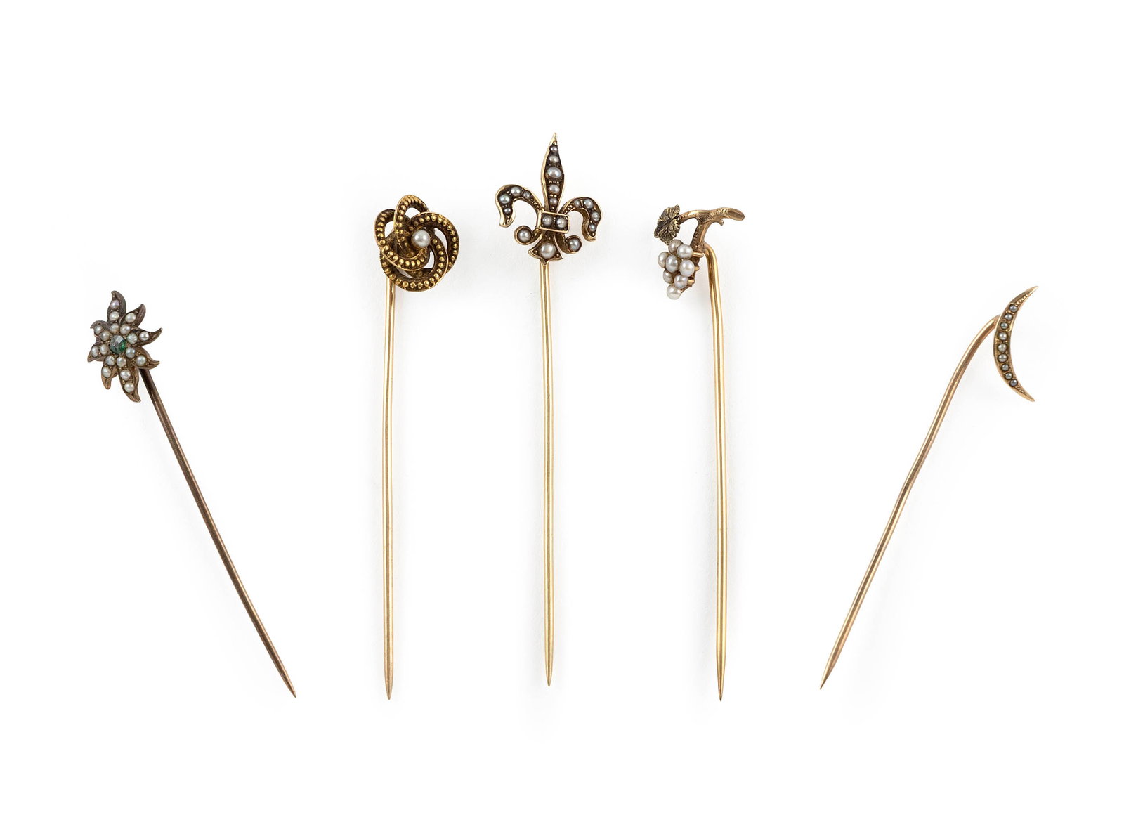 FIVE VINTAGE 14KT YELLOW GOLD AND SEED PEARL STICK PINS Approx. 3.7 total dwt. (1 of 1)