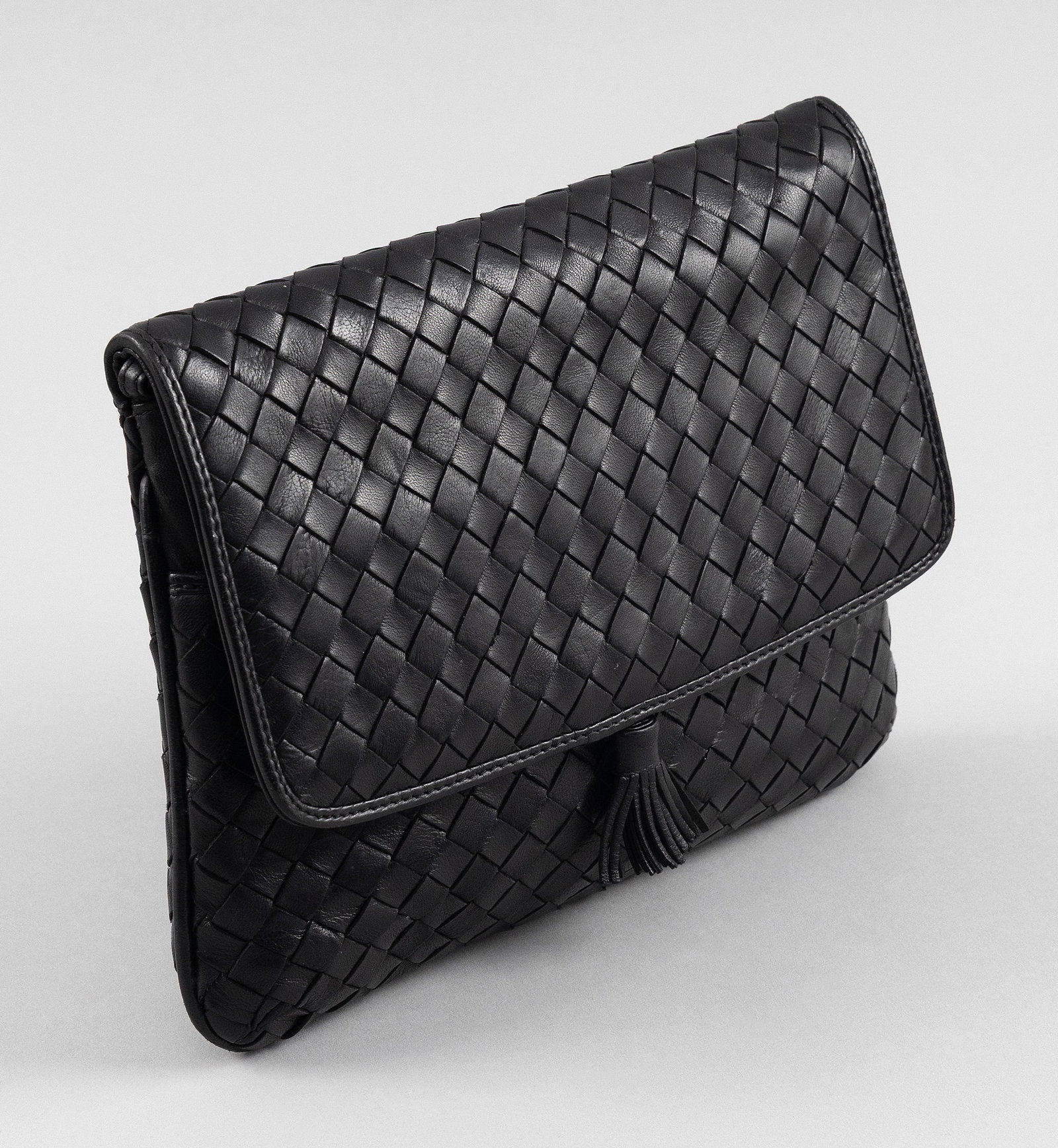 BOTTEGA VENETA BLACK INTRECCIATO WOVEN LAMBSKIN CROSSBODY FLAP BAG 7" x 9". Shoulder strap with a (1 of 7)