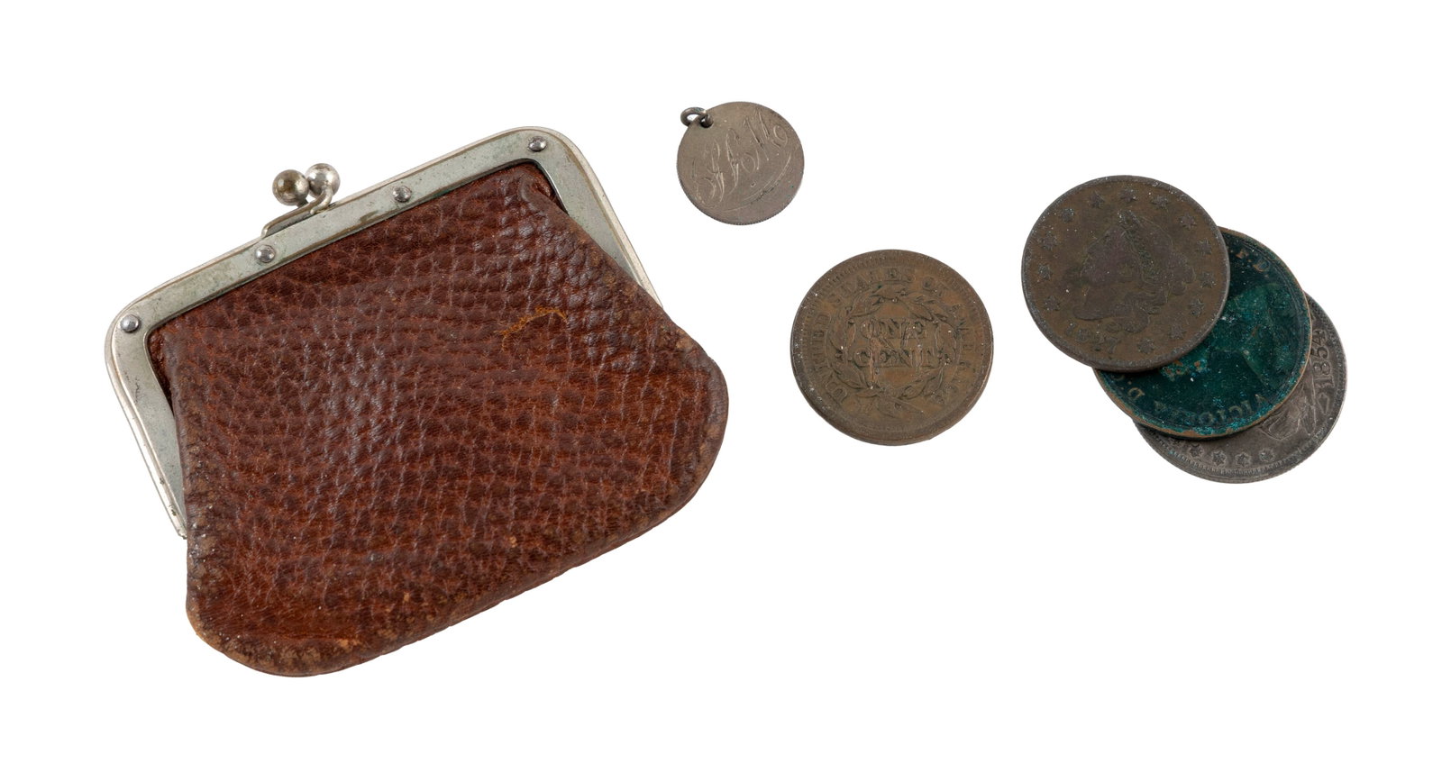 SMALL LEATHER POUCH WITH FIVE ANTIQUE COINS Pouch 2.75" x 3".: SMALL LEATHER POUCH WITH FIVE ANTIQUE COINS 1) 1827 U.S. Coronet head one cent coin. 2) 1851 U.S. braided hair one cent coin. 3) 1854 U.S. silver seated Liberty half dollar. Stamped twice on front and