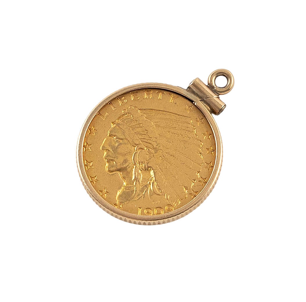 1909 2.5 INDIAN HEAD GOLD COIN PENDANT Approx. 3.3 total dwt.: 1909 2.5 INDIAN HEAD GOLD COIN PENDANT 14kt yellow gold ribbed holder. Approx. 3.3 total dwt.