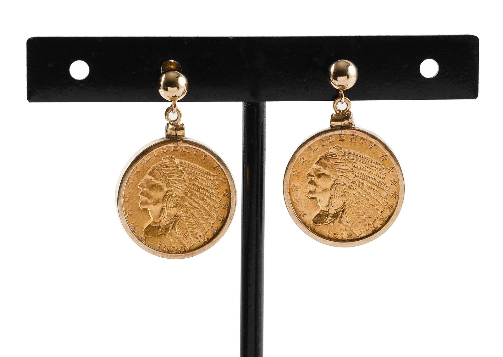 PAIR OF 2.5 DOLLAR 14KT YELLOW GOLD COIN EARRINGS Approx. 7.1 total dwt.: PAIR OF 2.5 DOLLAR 14KT YELLOW GOLD COIN EARRINGS One dated 1915 and the other 1925. Post/ friction nut backs. Diameters approx. 19.0mm. Approx. 7.1 total dwt.