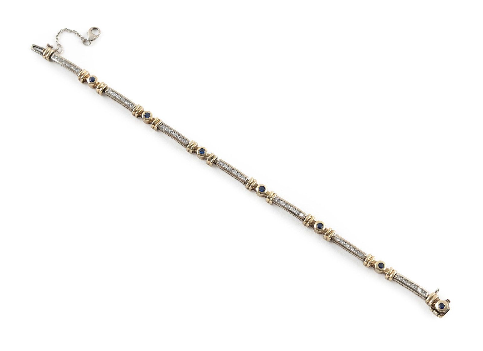 14KT WHITE AND YELLOW GOLD, DIAMOND AND SAPPHIRE BRACELET Approx. 14.7 total dwt.: 14KT WHITE AND YELLOW GOLD, DIAMOND AND SAPPHIRE BRACELET Seven white gold links each with six small channel-set round-cut diamonds. 42 diamonds total, approx. 0.75 ctw. Six yellow gold links each wit