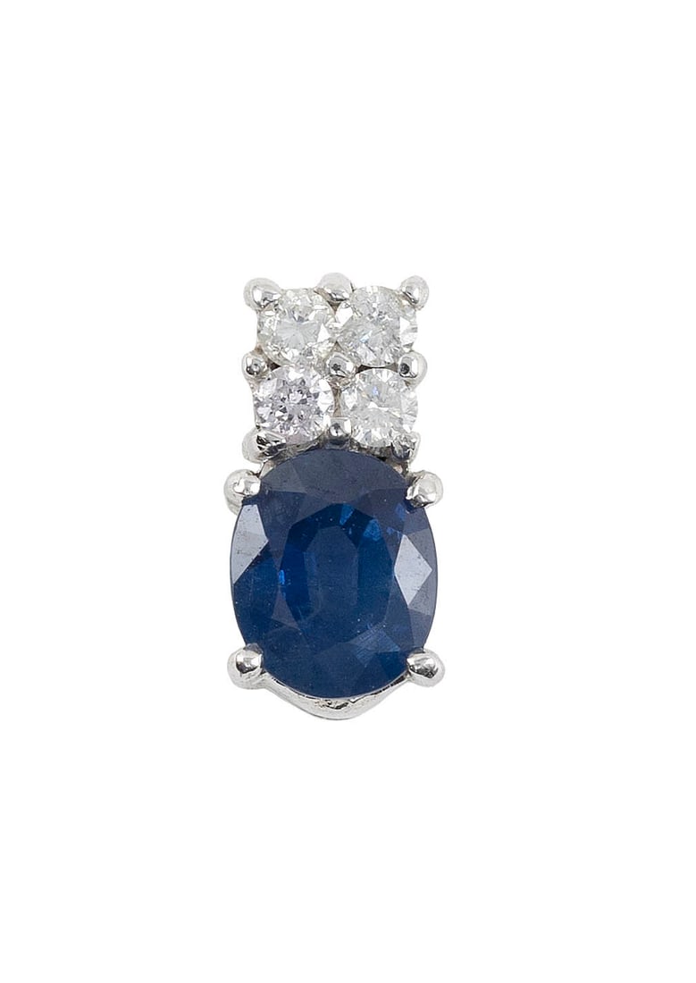 14KT WHITE GOLD, SAPPHIRE AND DIAMOND PENDANT Approx. 1.1 total dwt.: 14KT WHITE GOLD, SAPPHIRE AND DIAMOND PENDANT One approx. 5.0 x 8.0mm faceted sapphire and four small round-cut diamonds. Approx. 5.0 x 11.0mm. Approx. 1.1 total dwt.