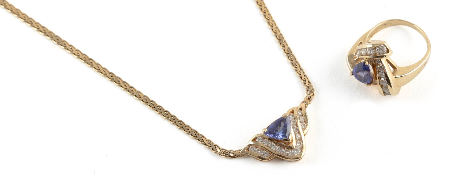 14KT YELLOW GOLD DIAMOND AND TANZANITE PENDANT AND MATCHING RING Approx. 10.4 total dwt. (1 of 1)