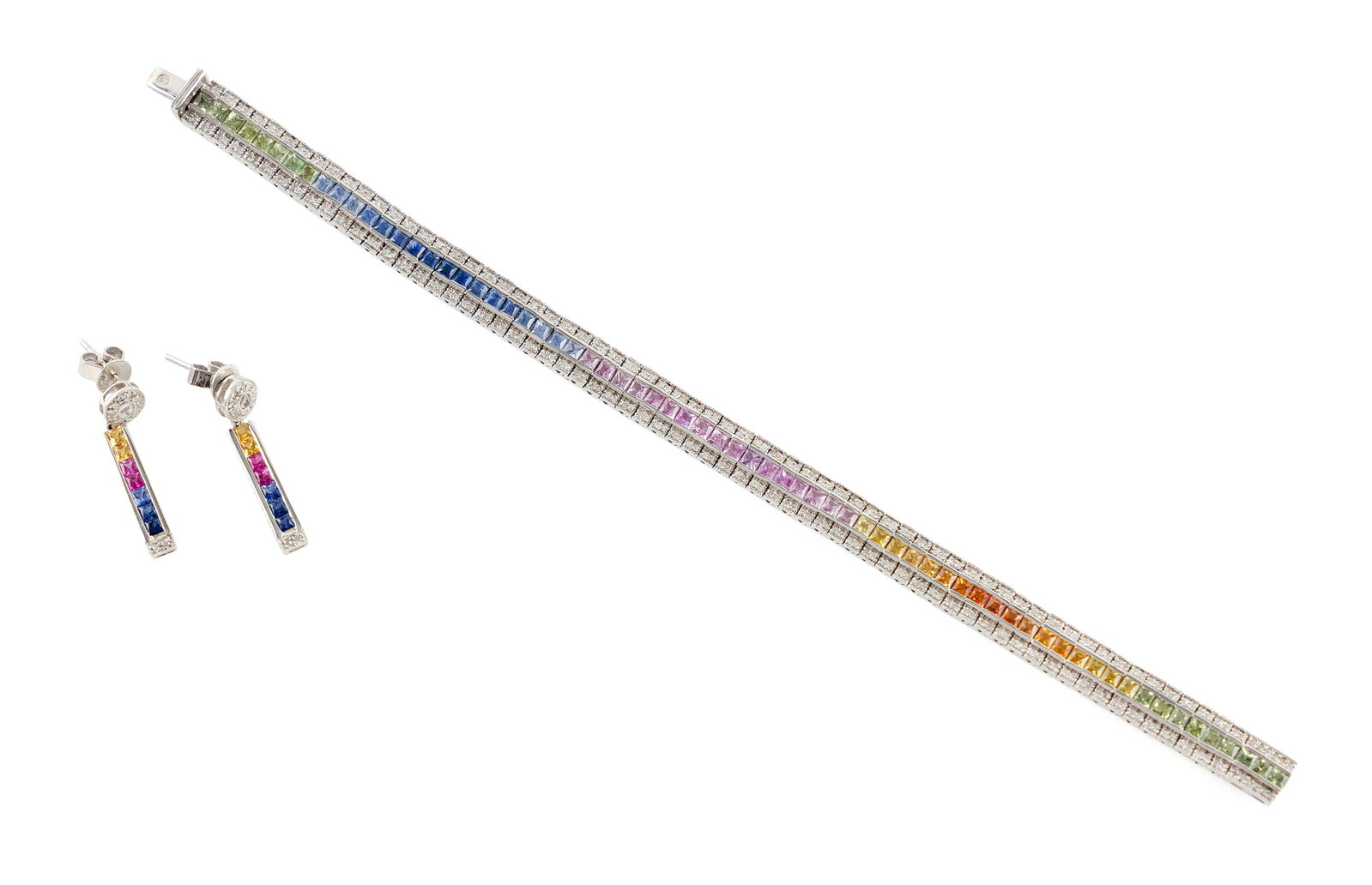 14KT WHITE GOLD, DIAMOND AND TOPAZ BRACELET AND PAIR OF MATCHING EARRINGS Approx. 15.0 total dwt. (1 of 1)