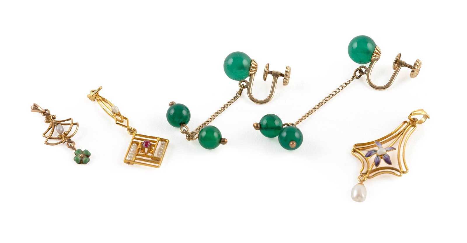 FIVE PIECES OF 10KT YELLOW GOLD JEWELRY Approx. 4.2 total dwt.: FIVE PIECES OF 10KT YELLOW GOLD JEWELRY 1-3) Three small pendants with pearls and stones. 4-5) Pair of jade ball dangle earrings. Jade ball diameters from 6.0 to 8.0mm. Screw backs. Each stamped. Appr