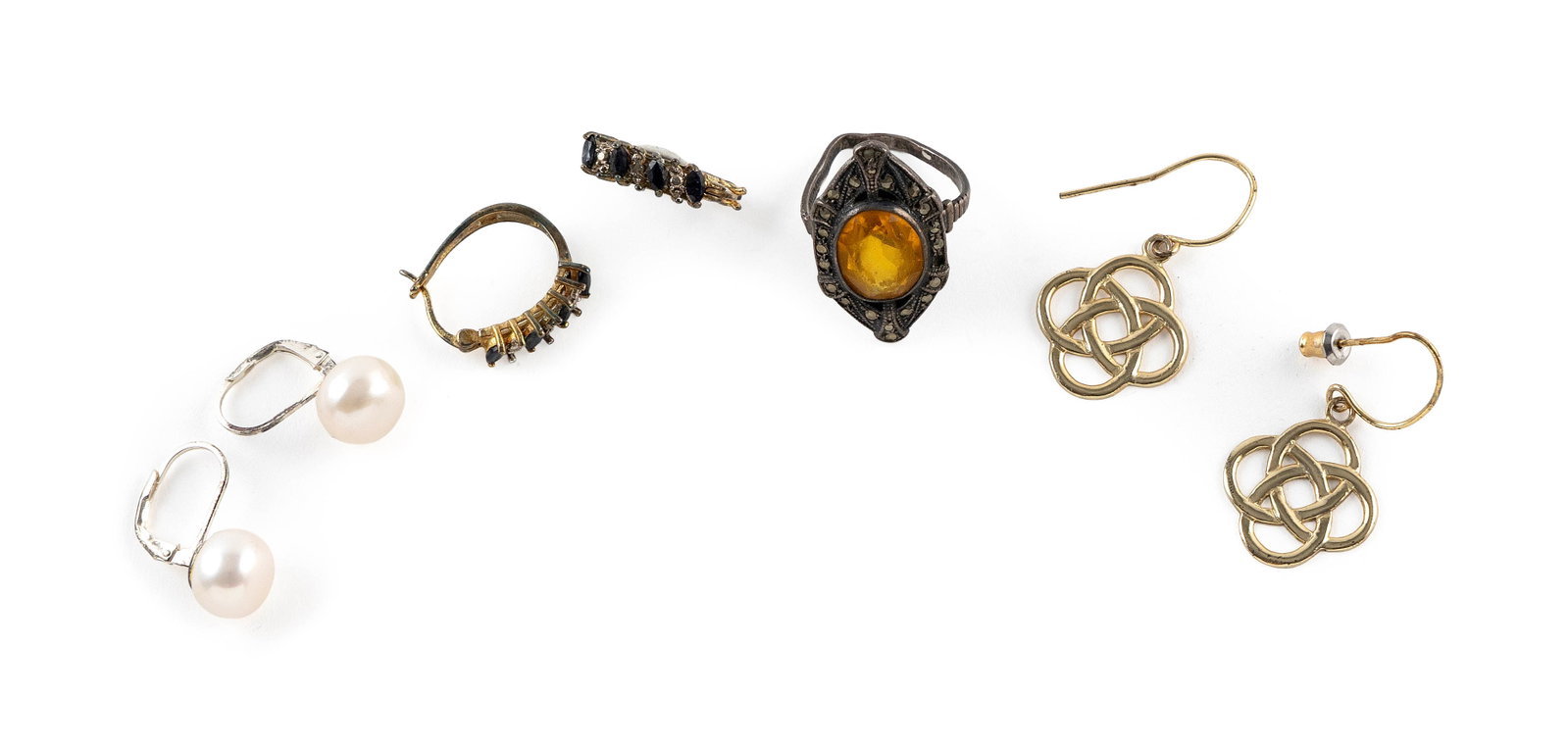 SEVEN PIECES OF STERLING SILVER JEWELRY Approx. 8.9 total dwt.: SEVEN PIECES OF STERLING SILVER JEWELRY 1) Ring with faux stone and marcasite. Size 5. 2-3) Pair of diamond and sapphire hoop-style earrings. 4-5) Pair of Celtic Knot design earrings. Fish hook backs.