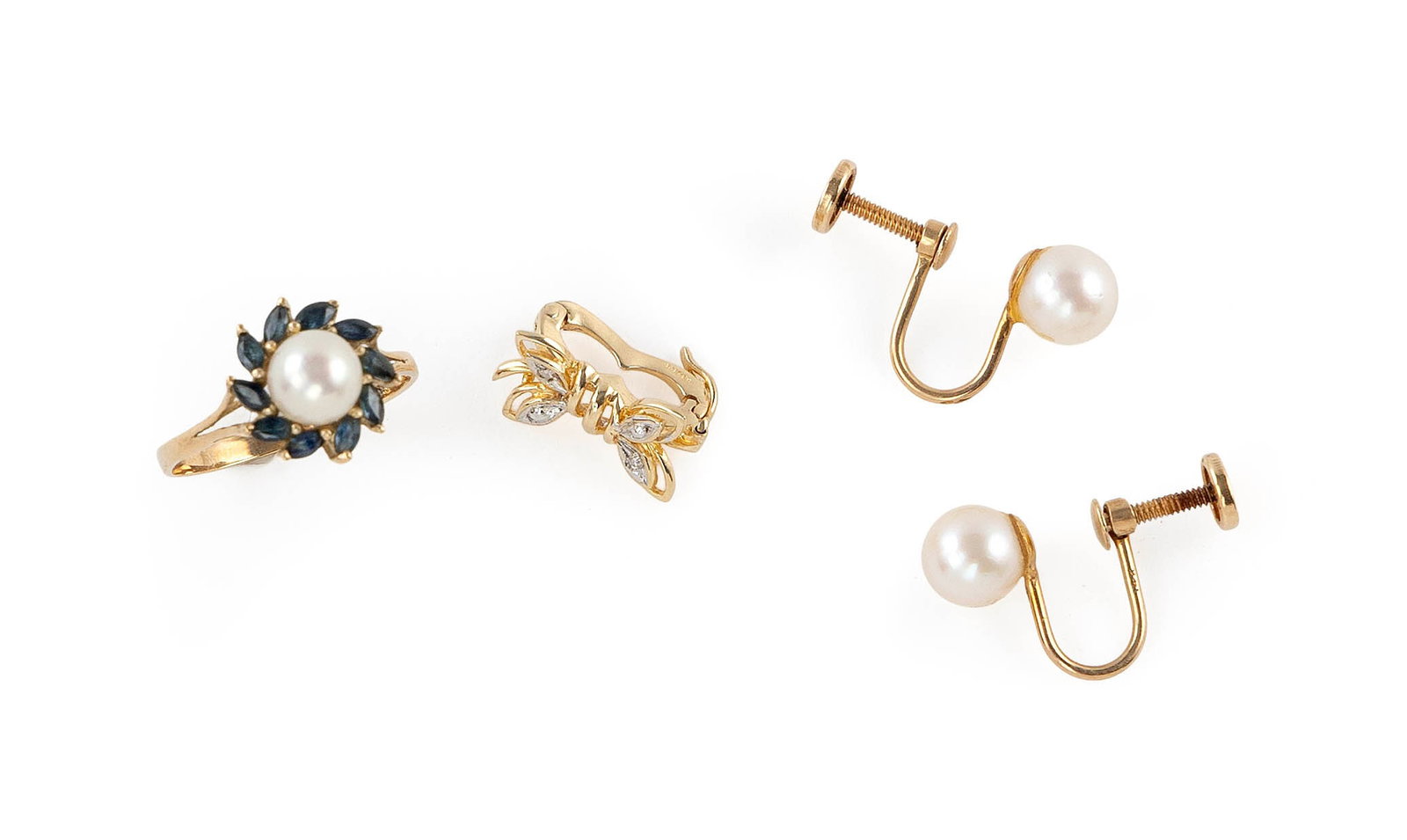 FOUR PIECES OF 14KT YELLOW GOLD PEARL JEWELRY Approx. 3.6 total dwt.: FOUR PIECES OF 14KT YELLOW GOLD PEARL JEWELRY 1-2) Pair of earrings with two approx. 7.0mm round cultured pearls. Screw backs. 3) Ring with one approx. 6.0mm round cultured pearl and ten small marquis