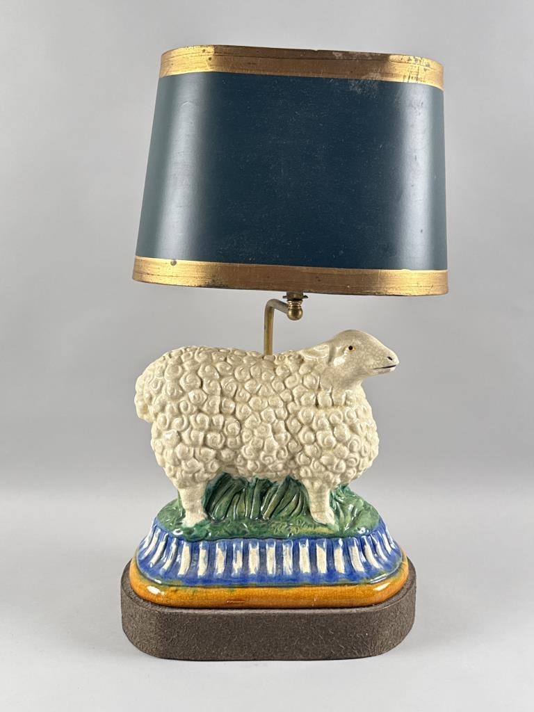 FAIENCE SHEEP FIGURINE MOUNTED AS A TABLE LAMP 20th Century Height 21.5". Width 11.5". Depth 8". (1 of 4)