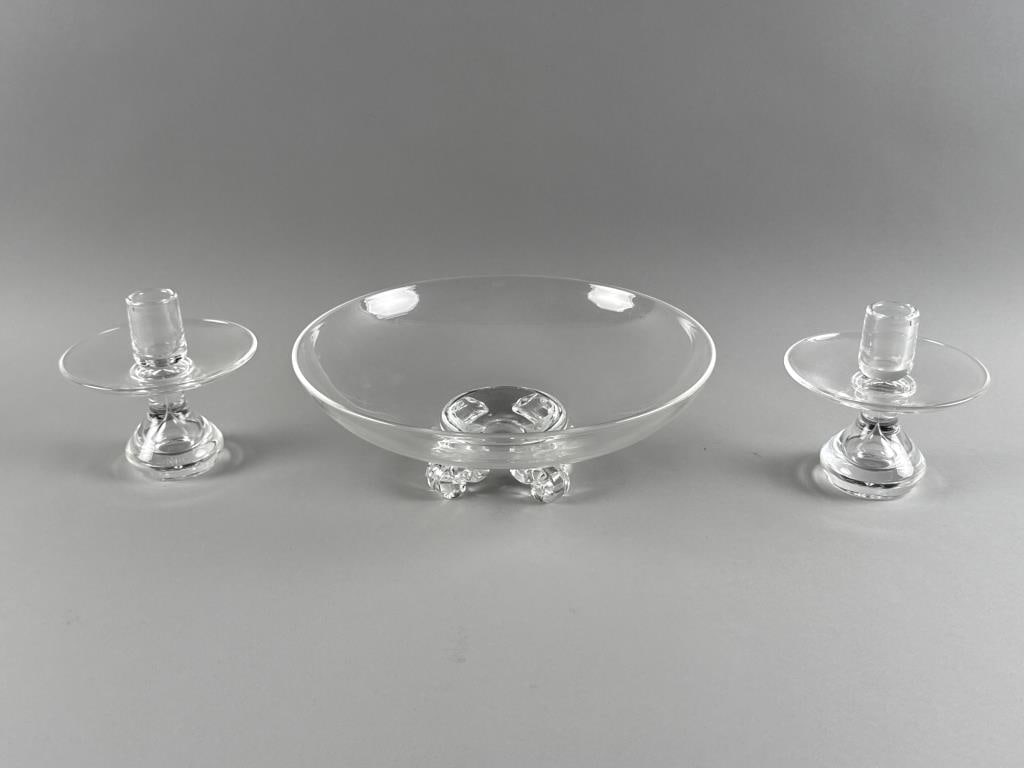 THREE PIECES OF STEUBEN GLASS Corning, New York, Mid- to Late 20th Century Bowl height 3.75". (1 of 4)
