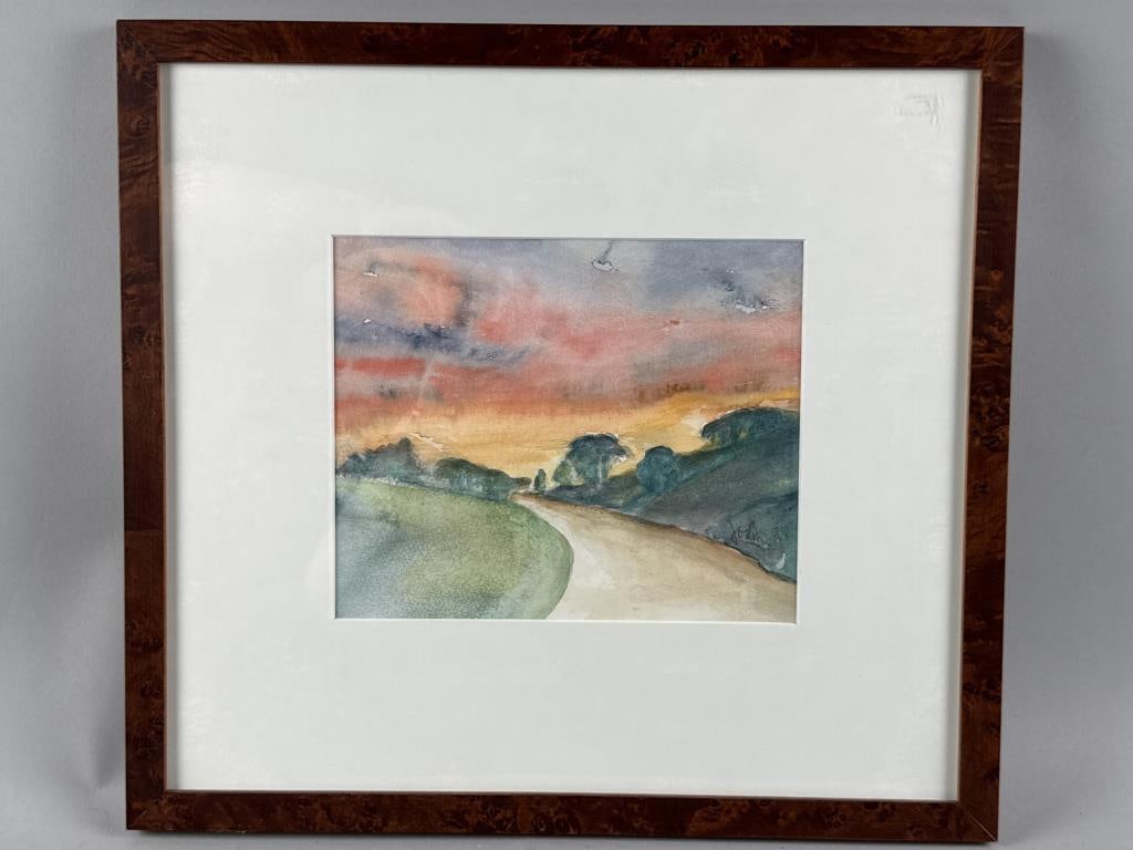 AMERICAN SCHOOL (Contemporary,), Pathway at sunset., Watercolor, 7.5" x 9" sight. Framed 16" x 16". (1 of 2)
