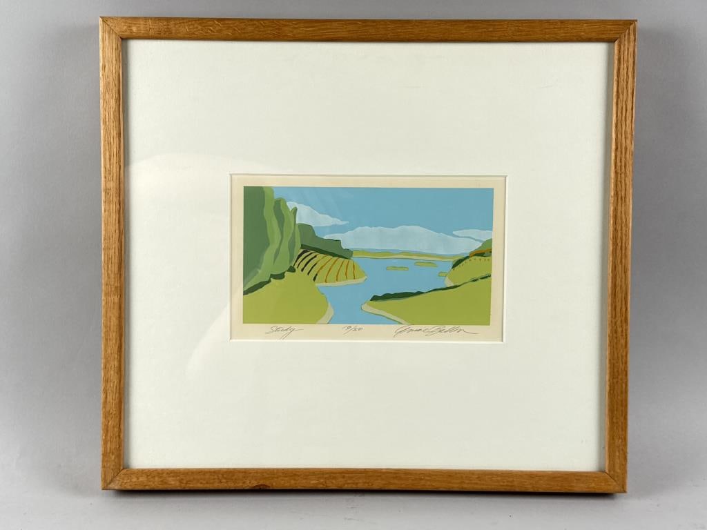 ANNE M. BALLOU (Massachusetts, Contemporary), "Study", a marsh scene., Serigraph, 6" x 10" sight.: ANNE M. BALLOU Massachusetts, Contemporary "Study", a marsh scene. Signed, titled and numbered 19/50 lower margin. Serigraph, 6" x 10" sight. Framed 17" x 19".