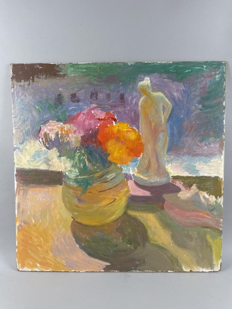 ATTRIBUTED TO ADA RAYNER HENSCHE (Massachusetts, 1901-1985), Study of a still life with flowers and: ATTRIBUTED TO ADA RAYNER HENSCHE Massachusetts, 1901-1985 Study of a still life with flowers and a figurine. No signature noted. Color block verso. Oil on board, 24" x 24". Unframed.