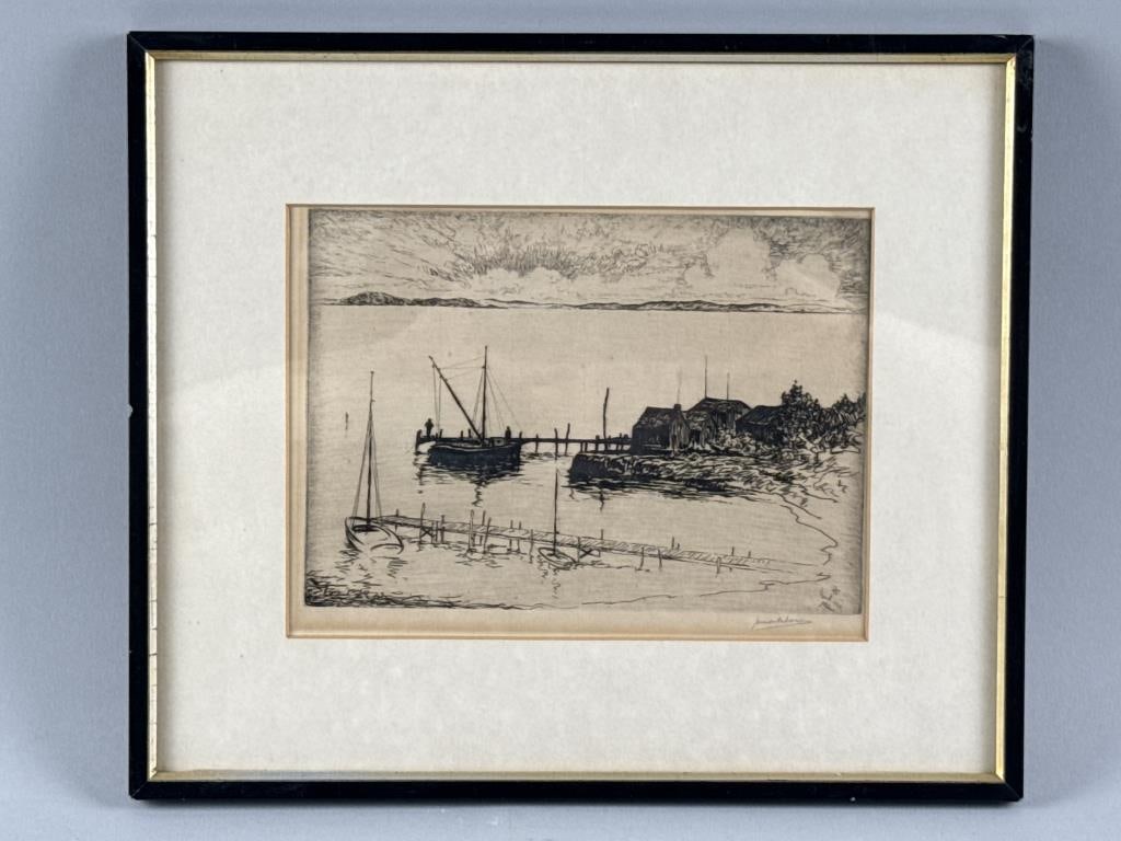 J.M. HOWE (America, 20th Century), Noank, 1928., Etching, 6.5" x 8.5" sight. Framed 11" x 13". (1 of 2)