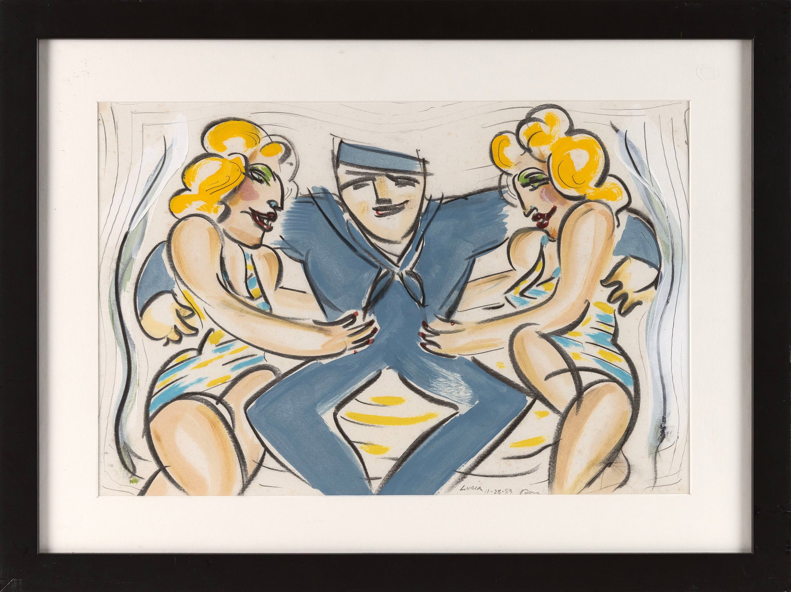 DOUG KENT (Martha's Vineyard, Massachusetts, Contemporary), Caricature of a sailor with two women.,: DOUG KENT Martha's Vineyard, Massachusetts, Contemporary Caricature of a sailor with two women. Signed "Doug", dated "11-23-83" and inscribed "Lucia" lower right. Mixed media on paper, 12" x 17" sight