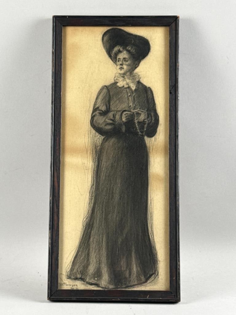 ROSWELL WHITNEY SAWYER (New York/Italy, 1850-1896), Woman with muff., Charcoal on paper, 19" x 7.5".: ROSWELL WHITNEY SAWYER New York/Italy, 1850-1896 Woman with muff. Signed and dated lower left "R.W. Sawyer 1903". Charcoal on paper, 19" x 7.5". Framed 20.5" x 9.5".