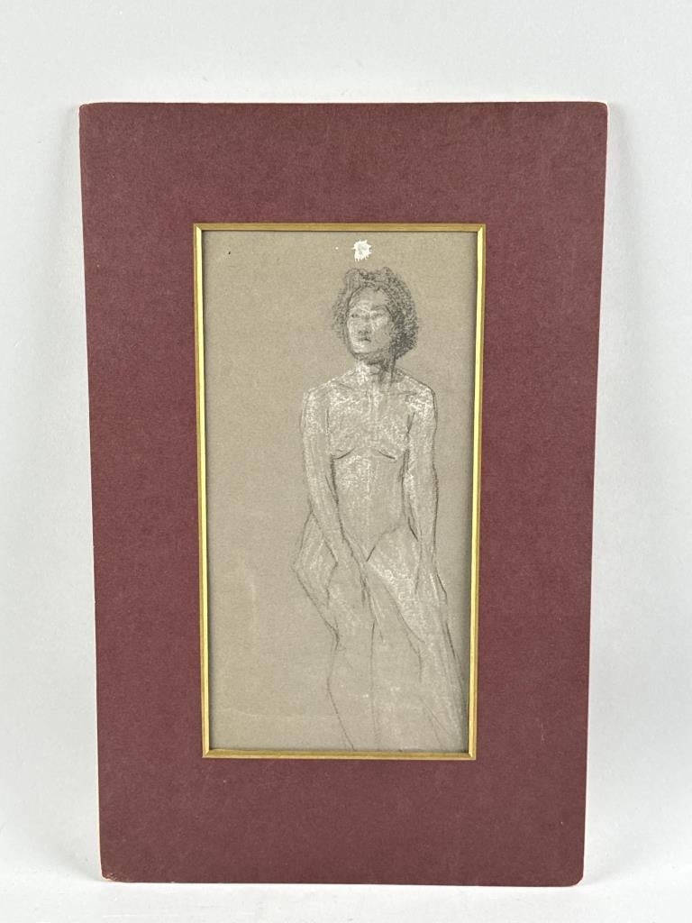 NUDE PENCIL DRAWING Late 19th/Early 20th Century 11.25" x 5.75" sight. Matted 16.75" x 10.75".: NUDE PENCIL DRAWING Late 19th/Early 20th Century Marked verso "Augustus John". 11.25" x 5.75" sight. Matted 16.75" x 10.75".