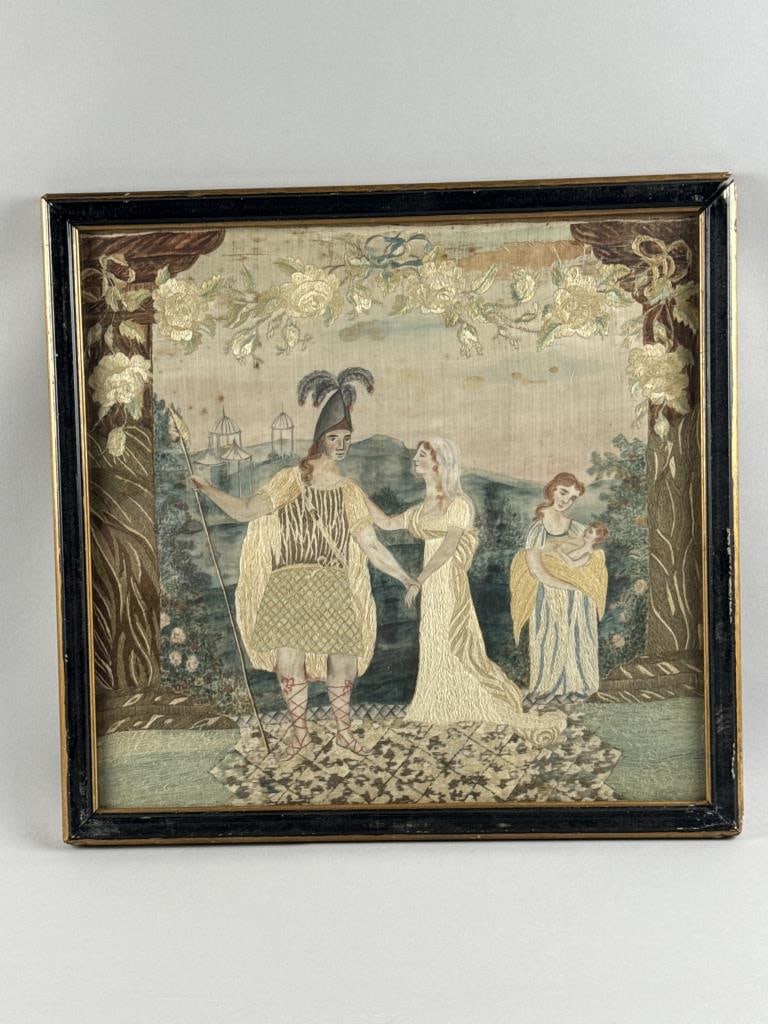 CHARMING EMBROIDERED AND WATERCOLORED SILKWORK PICTURE OF HECTOR SAYING HIS TRAGIC FAREWELL TO (1 of 2)