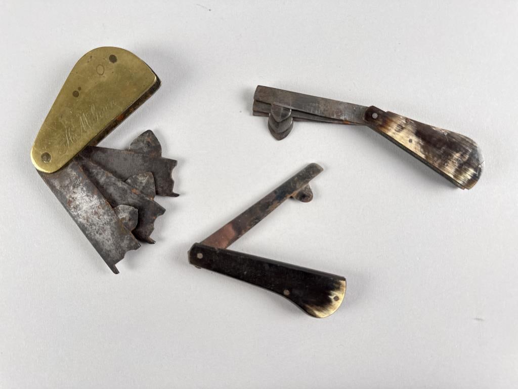 THREE ANTIQUE BLEEDERS Late 19th Century Lengths approx. 3".: THREE ANTIQUE BLEEDERS Late 19th Century One with brass handle engraved "H. McGown". Lengths approx. 3".