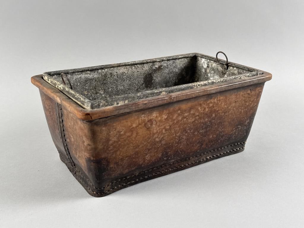 VINTAGE LEATHER TROUGH PLANTER Early 20th Century Height 5". Length 12".: VINTAGE LEATHER TROUGH PLANTER Early 20th Century Handstitched details. Separate metal liner. Height 5". Length 12".