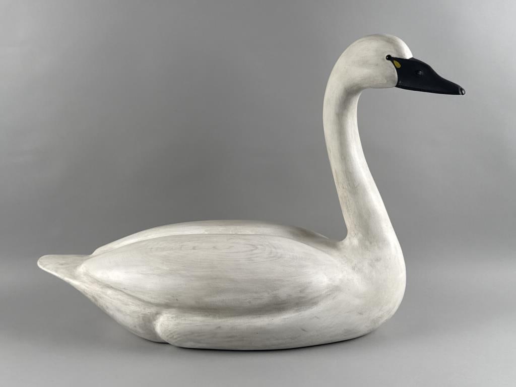 PETER BOWE SWAN DECOY Connecticut, 1952- Height 20". Length 30".: PETER BOWE SWAN DECOY Connecticut, 1952- Signed on underside. Dated 1985. Height 20". Length 30".