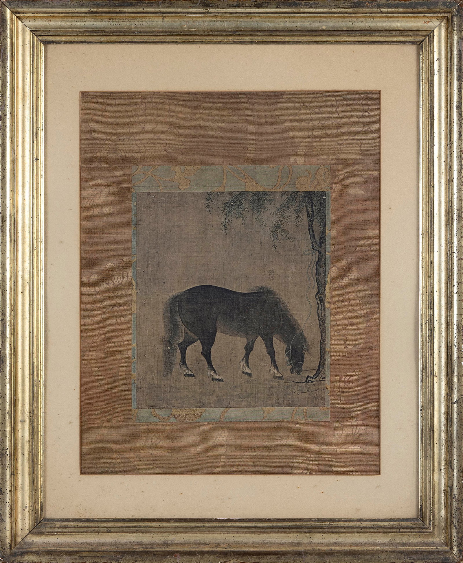 REPRODUCTION "HORSE AND WILLOW TREE" PRINT 20th Century 18" x 14" sight. Framed 26" x 21.5".: REPRODUCTION "HORSE AND WILLOW TREE" PRINT 20th Century After the Chinese Early 15th Century album painting that is now part of the Metropolitan Museum of Art collection. 18" x 14" sight. Framed 26" x