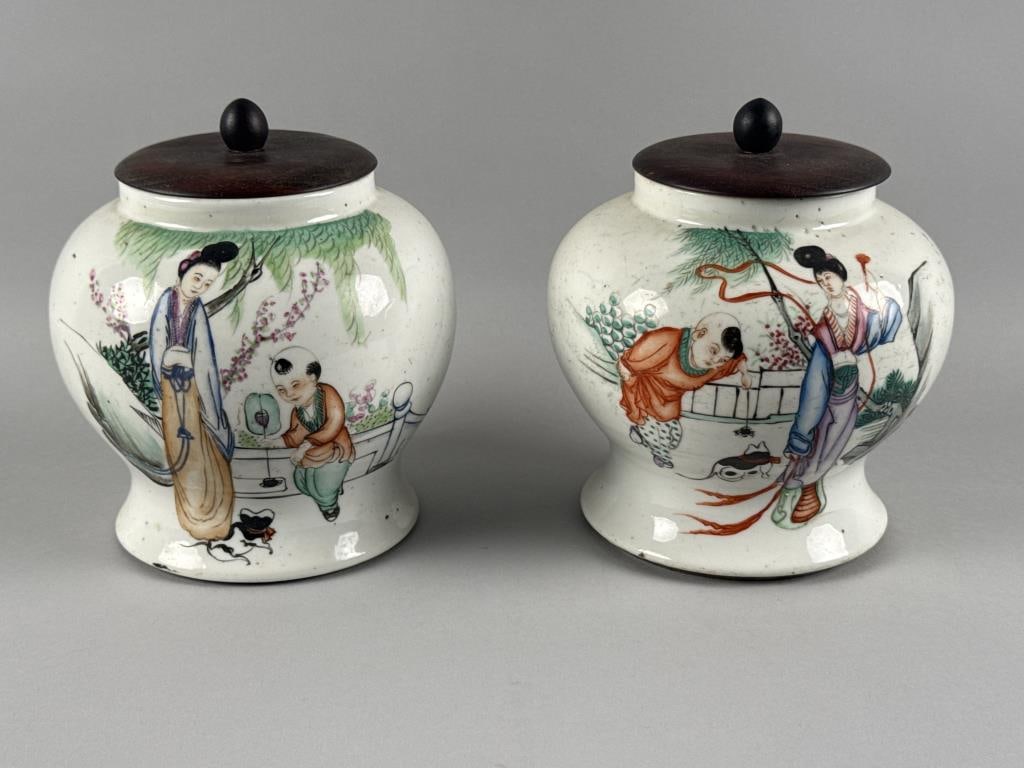 TWO CHINESE PORCELAIN GINGER JARS 19th Century Diameters 6.75" and 5.5". (1 of 5)