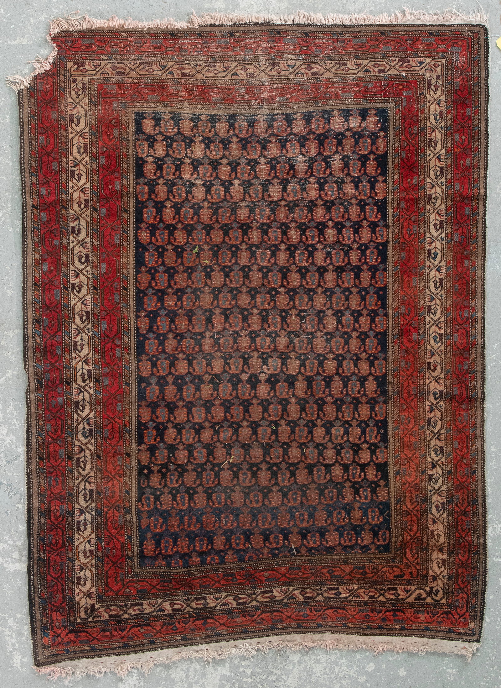 HAMADAN RUG: 5'0" X 6'7" Second Quarter of the 20th Century: HAMADAN RUG: 5'0" X 6'7" Second Quarter of the 20th Century Navy blue field contains multiple rows of marine blue, light brown, red and tangerine boteh. Ivory and rich ruby red border with a tradition
