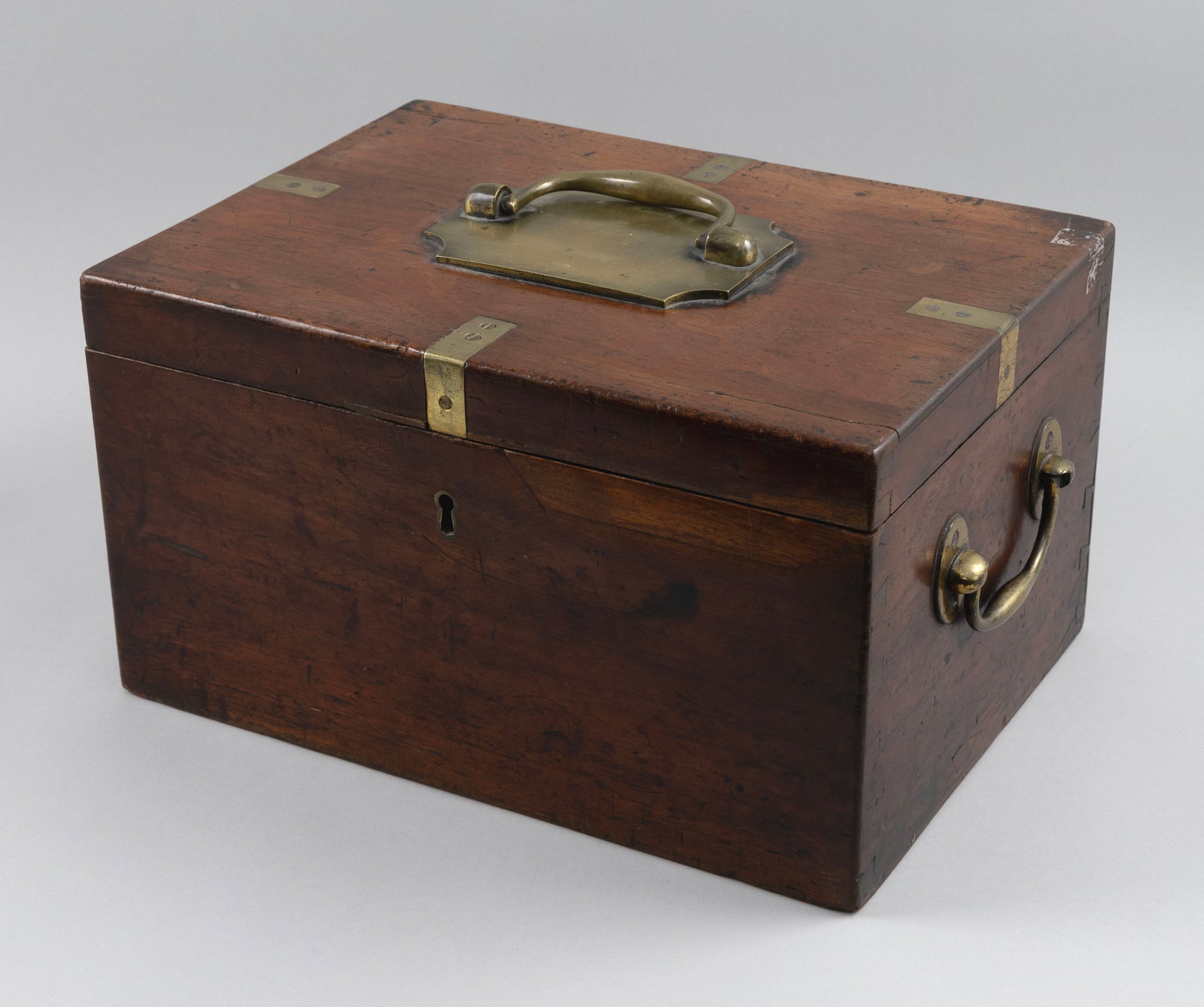 BRASS-BOUND MAHOGANY STRONG BOX 19th Century Height 8". Width 14.5". Depth 10.25". (1 of 3)