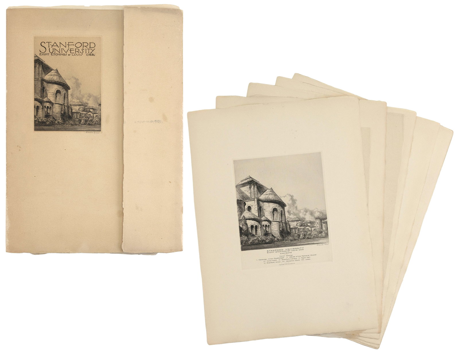 LOUIS ORR (Connecticut/France, 1879-1966), "Stanford University" portfolio, 1930., Etchings, sheets: LOUIS ORR Connecticut/France, 1879-1966 "Stanford University" portfolio, 1930. Includes seven views (of eight) plus cover. Each signed in pencil lower right. Etchings, sheets 18" x 13.5". Unframed.
