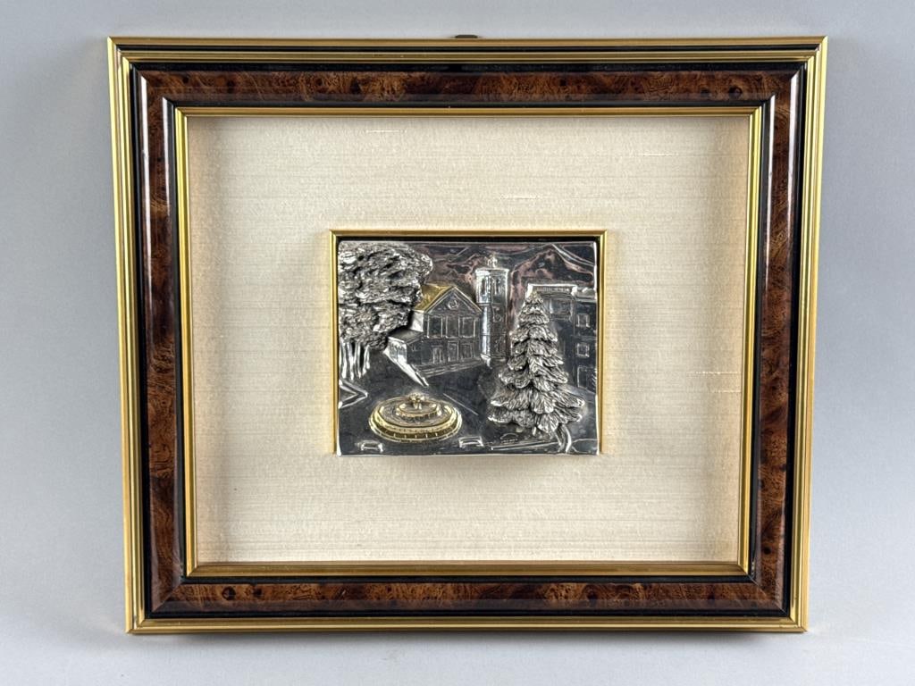 ITALIAN SILVER FOIL RELIEF PICTURE OF A EUROPEAN STREET WITH FOUNTAIN 20th Century 5" x 6". Framed (1 of 3)