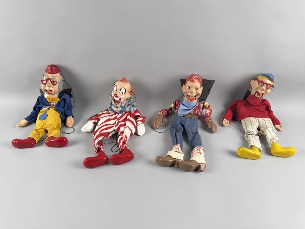 FOUR PETER PUPPET PLAYTHINGS MARIONETTES New York, Mid-20th Century Heights 14" to 16". (1 of 2)